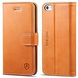 iPhone SE Case, iPhone 5S Case, SHIELDON Genuine Leather Wallet Case, Slim Folio Flip Case Cover with Kickstand & Credit Card Slots [Magnetic Clasp] for iPhone 5/5S/SE, Tan Brown
