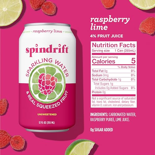SPINDRIFT SPARKLING WATER, RASPBERRY LIME FLAVORED, MADE WITH REAL SQUEEZED FRUIT, ONLY 9 CALORIES PER CAN, 12 FL OZ CANS, PACK OF 24