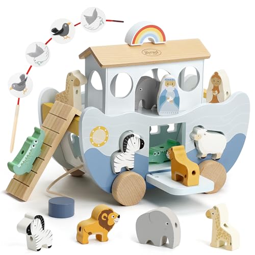 Joyreal Noah's Ark Wooden – Christening Gifts for Girls Boys Children, Gift Christening, Montessori Toy from 1 2 3 Years, Wooden Toy with Farm Toy Sorting Stack