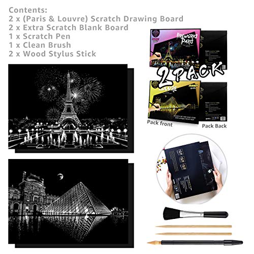 Scratch & Sketch Art Paper(16"x 11.2") for Kids & Adults, Rainbow Painting Night View Scratchboard, Painting Gift, Craft Kits : 2 Sheets Scratch Cards & Drawing Pen, Clean Brush (Paris & Louvre)