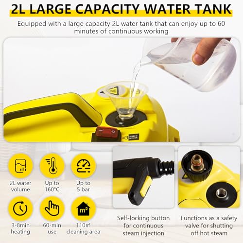 Steam Cleaner 2000 W, Multi-Purpose Steam Cleaner for Home, 2L Water Capacity, Steam Pressure: 5 Bar, Steam Cleaner Handheld Device with Floor Cleaning Kit, Nozzles for Carpets, Floors, Tiles, Windows