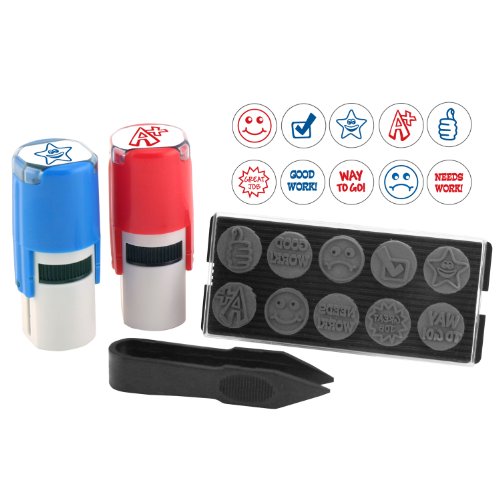 Stamp-Ever 10-In-1 Teachers' Student Work Stamp Kit, 10 Interchangable Self-Inking Stamps, 5/8-Inch Impression, Blue/Red (4630)