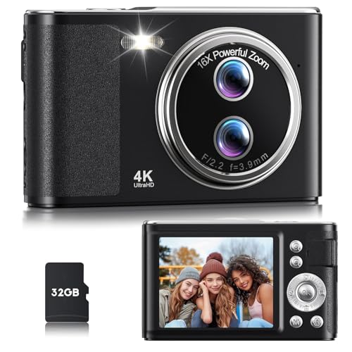 Digital Camera, 48MP FHD 1080P Point and Shoot Camera with 16x Zoom, Anti Shake Compact Portable Camera for Photography with 32GB Card, Autofocus Camara for Kids, Beginners, Teens, Black