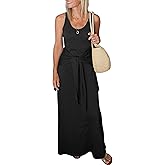 Evzeiem Women's Summer Maxi Tshirt Dress Tie Waist Casual Slim Fit Sleeveless Tank Long Beach Dresses