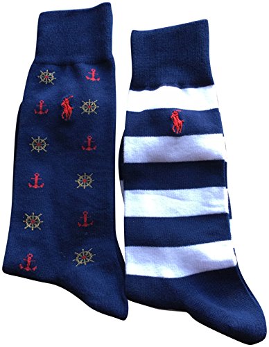 Polo Ralph Lauren Men's Dress Socks 2 Pack Anchor Navy Blue White Striped