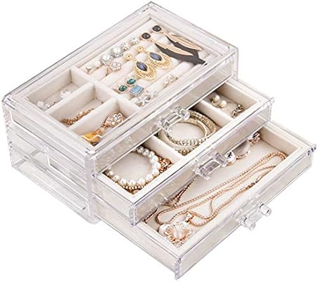 Tasybox Clear Jewelry Box 3 Drawer Organizer Velvet Jewellery