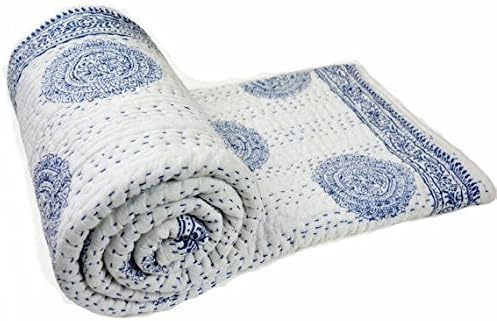INDIAN SPARROW Cotton Throw indian kantha Hand Block Print Quilt Indigo Cotton Kantha Quilt Jaipuri Rajai throw 90x108 inches