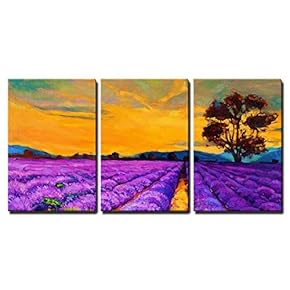 3 Piece Canvas Wall Art - Original Oil Painting of Lavender Fields on Canvas.Sunset Landscape.Modern Impressionism - Modern Home Art Stretched and Framed Ready to Hang - 24"x 16" x 3 Panels