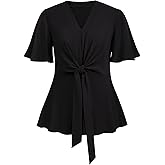 SCOMCHIC 2024 Women's Plus Size Peplum Tops Elegant V Neck Tie Front Bell Sleeve Flowy Blouses Shirts
