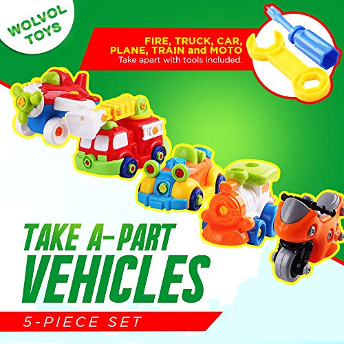 WolVol 97-Piece Take-A-Part Building Vehicles Set - Toddler Assembly STEM Toy - Take Apart for Boys & Girls - Screwdriver Included - Airplane, Car, Fire Truck, Motorcycle, Train, - Educational