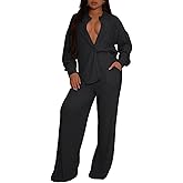 Ophestin Women 2 Piece Dressy Outfits Casual Pleated Long Sleeve Button Down Shirt Wide Leg Pants Loungewear Matching Sets
