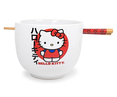 Silver Buffalo Sanrio Hello Kitty Japanese Ceramic Ramen Noodle Rice Bowl with Chopsticks, Microwave Safe, 20 Ounces