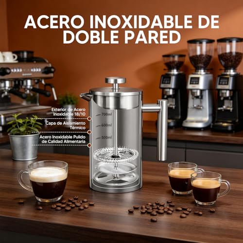 KAMYSEN Prensa Francesa, 1000ml Cafetera de Acero Inoxidable de Doble Pared | 3pcs Filtro de Repuesto, 1pc Cucharas de Acero Inoxidable, 1pc Brocha de Esponja