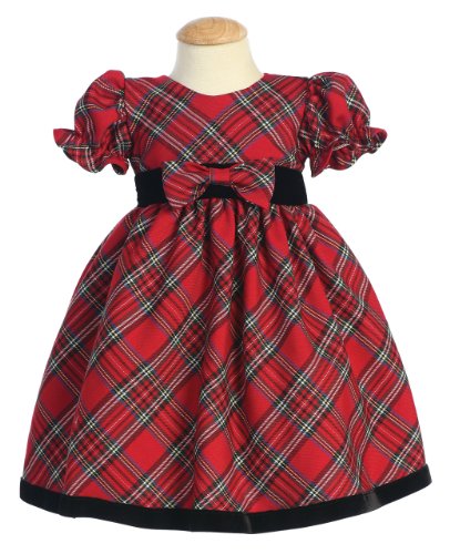 Lito Girls Plaid Holiday Dress with Velvet Trim (3 - 6 months, Red)