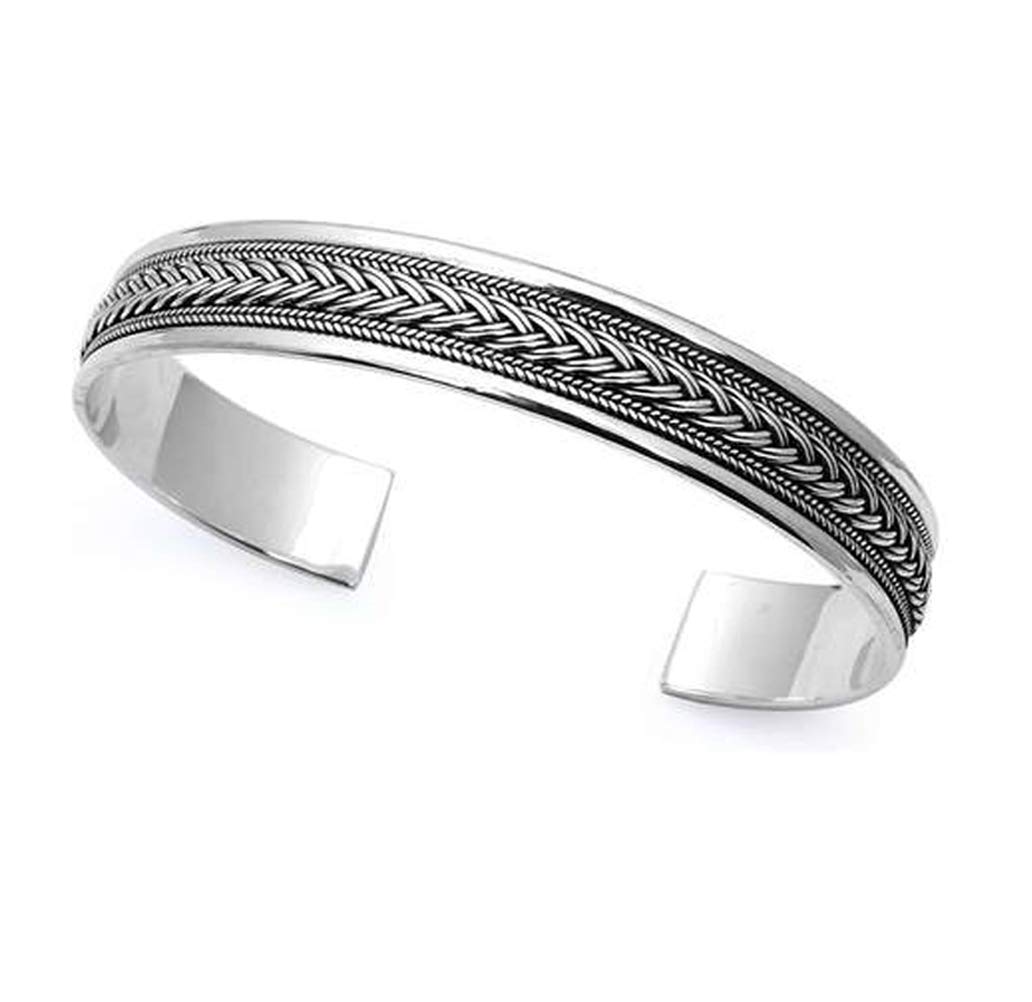 Treasure Bay Mens Solid 925 Sterling Silver Bangle Bracelet | 12MM Braided Design Silver Bangle for Men