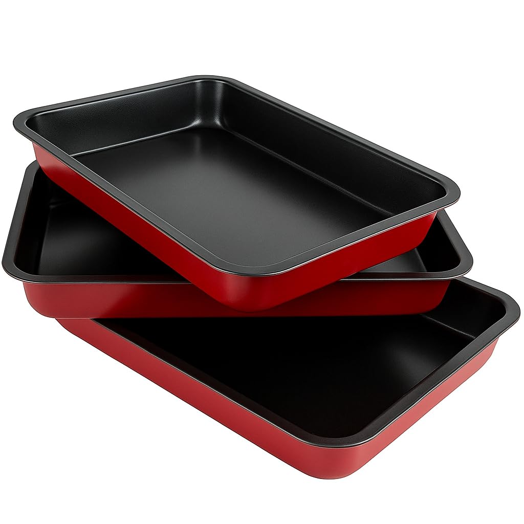 Non-Stick Deep Roasting Tray Set – 3 Piece Carbon Steel Baking Trays – Red – Compact 32.4 x 22.2 x 4.6 cm – Ideal for Roasting & Baking HTUK