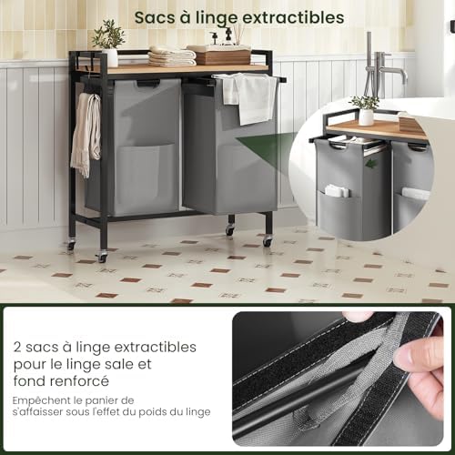 Panier à Linge à 2 Compartiment, Meuble Panier à Linge sur Roulettes, 40L/Panier, Sac Amovible et Extensible, en Oxford, 70x30x71cm, Chêne Clair+Noir