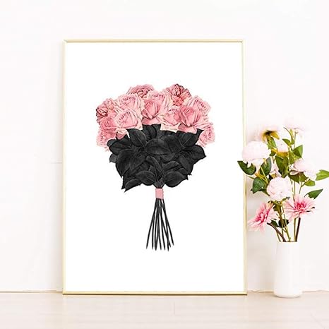 Amazon Co Jp バラブーケフラワープリントバニティデコレーションピンクブラックファッションイラストポスターウォールアートキャンバス絵画画像バスルームデコレーション 40x60cm フレームなし ホーム キッチン