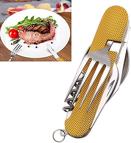 Zadaro 3 in 1 Folding Stainless Steel Spoon Fork Knife Tableware Multi Tool for Camping (Gold)