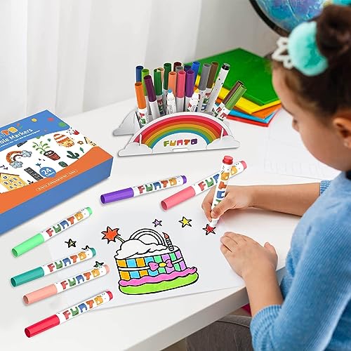 Funto Washable Markers, 24 Assorted Colors, Mess Free Coloring Drawing Markers, Perfect for Halloween Coloring Pages, Safe and Non-Toxic for Toddlers