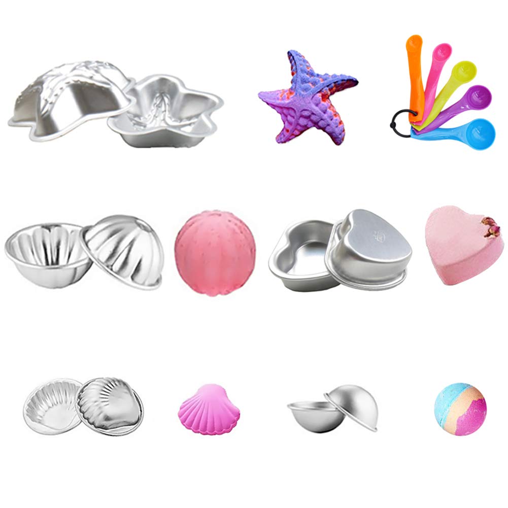 Bath Bomb Mold，5 Sizes 10 Pieces Metal Bath Bomb Mold Kit(2 Hemispheres, 2 Starfish, 2 Heart, 2 Shell, 2 Petal) with 5 Spoons for Bath Bomb Making, Handmade Cakes and Crafts