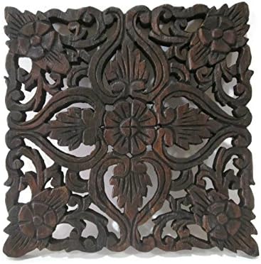 Square Floral & Heart Handmade Thai Teak Wood Carving Wall Art Decor Hanging