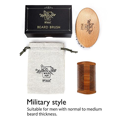 BFWood Beard Brush with Boar Bristle and Comb Set - Military Style Perfect Gift Set