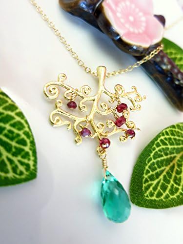 Tree of life red garnet green quartz pendant, emerald green quartz tree of life gold necklace, red and green Christmas tree gift necklace