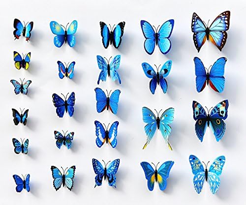 24 PCS PVC 3D Butterfly Fridge Magnets Refrigerator Magnets Wall Stickers with Magnet for Wall Decor Art Decor Crafts Home Party Decoration (Bule)