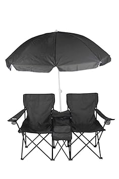 1PLUS 2er Partner Campingstuhl, klappbar, mit Sonnenschirm und Kühlfach - Doppelsitzer Anglerstuhl für 2 Personen