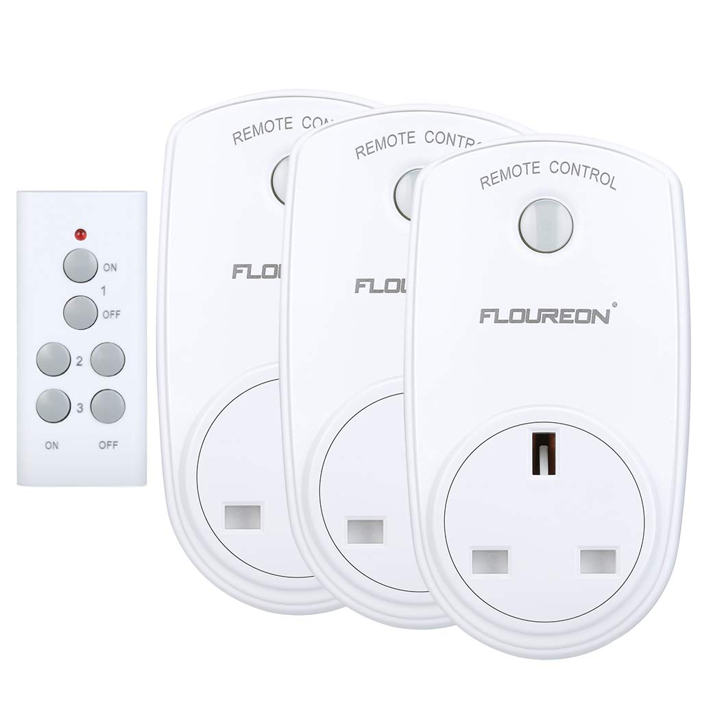 FLOUREON Wireless Remote Control Sockets Programmable Electrical Plug Outlet Switch for Household Appliances, Bedroom Kitchen Lights, up to 30m/100ft Operating Range (3pack, White)