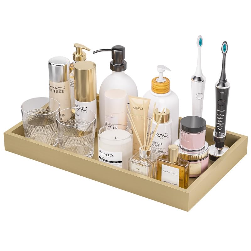 ZHWS Gold Bathroom Vanity Tray for Countertop Perfume Makeup Jewelry Candle Decor, Kitchen Tray for Soap Dispenser Spice Salt, Large Gold Tray for Toilet Tank Paper, Serving Nightstand 13”x6.5”