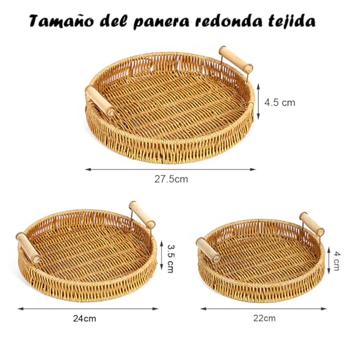 AHILAX 3PZS Cestas Redonda Tejidas de Pan con Mango, Bandeja Circular para Centro de Mesa Comedor Bandejas Almacenamiento de Servir Toalla Fruta Verdura Restaurante Cocina, 3 Tamaño