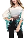 DJT Womens Batwing Sleeve Round Neck Flower Semi Sheer Top One Size Apricot-Green