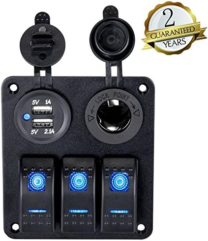 AutoSky 3 Gang LED Rocker Switches Panel Waterproof 3.1A Dual USB Port &amp; 12V/24V Cigarette Lighter Socket for Jeep Marine Boat RV Truck