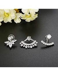 Udalyn - 3 pares de pendientes chapados en oro blanco de 18 quilates con plumas de cristal transparente