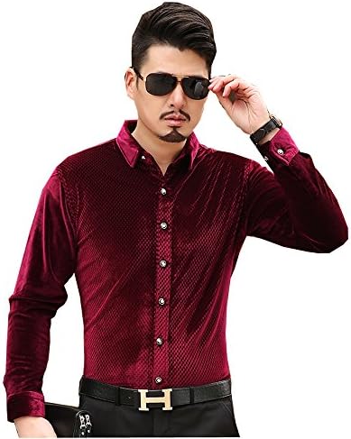 ISMEN Men's Long Sleeve Casual Dress Shirts (XL, Red)