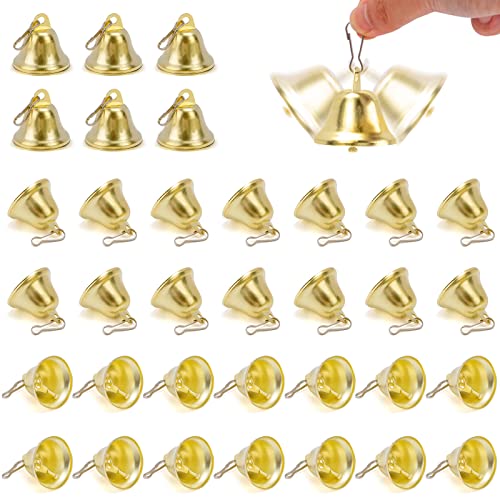 MCPINKY Gold Jingle Bells, 34PCS Metal Craft Bells Call Bells with Spring Hooks for Christmas Wind Chimes Wedding Decoration