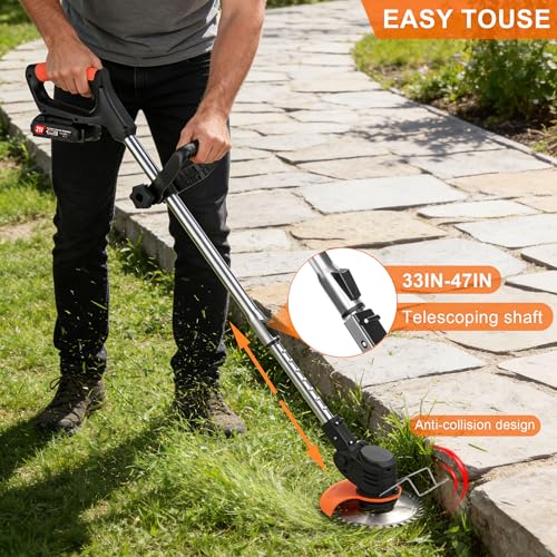 21V Cordless Weed Wacker with Wheels, 3-in-1 String Trimmer, Lawn Edger & Brush Cutter for Thick Weeds, 2 Batteries, 4 Types Blades, Adjustable Height, 90° Pivot Head, Lightweight Yard Tool