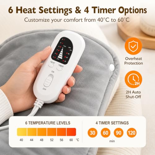 CoreBazz Electric Heating Pad for Neck and Shoulder with 6 Heating & 4 Timer Settings,Fast Heating Large Size Heated Wrap with Auto Shut Off & Machine Washable (Silver Gray, 58x42 cm)
