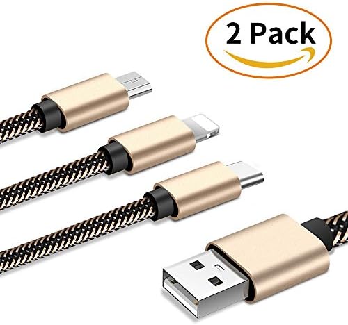 Nitin 2 Pack Multi 3 in 1 USB Charging Cable 3ft Alluminum Adapter Connector with Micro USB,Type C,Lightning Connectors For iPhone, Windows and Android phones(Gold)