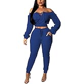 acelyn Sexy 2 Piece Outfits for Women Off Shoulder Lace Up Long Sleeve Crop Top Pants Sets Tracksuit Casual Sweatsuit