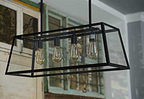 Morley Glass Linear Chandelier, 4-Light Industrial Island Pendant Lighting with Matte Black Frame for Dining Room, Kitchen by Lanros - Thumbnail 3