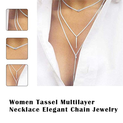 Cuekondy Women Girls Tassel Multilayer Choker Chain Necklace Elegant Alloy Pendant Statement Jewelry (Silver)