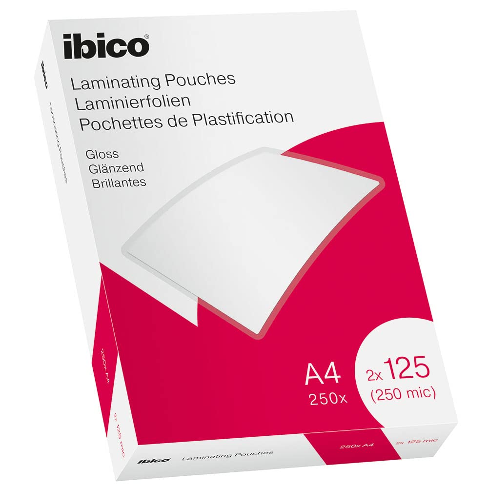 Ibico A4 Laminating Pouches, 250 Micron (2x125), High Document Protection & Durability, Pack of 250, Gloss Finish, Crystal Clear, 628605