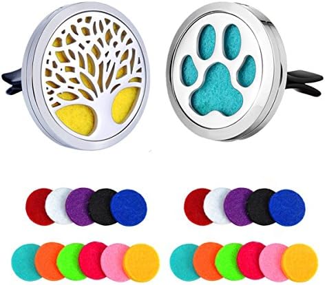 2-Pack Car Essential Oil Diffuser Locket Air Freshener Stainless Steel Home Aromatherapy Diffuser Perfume Magnetic Lockets Car Vent Clip Diffuser Dog Paw and Tree 32Pcs Refill Pads (Plain Paw + Tree)
