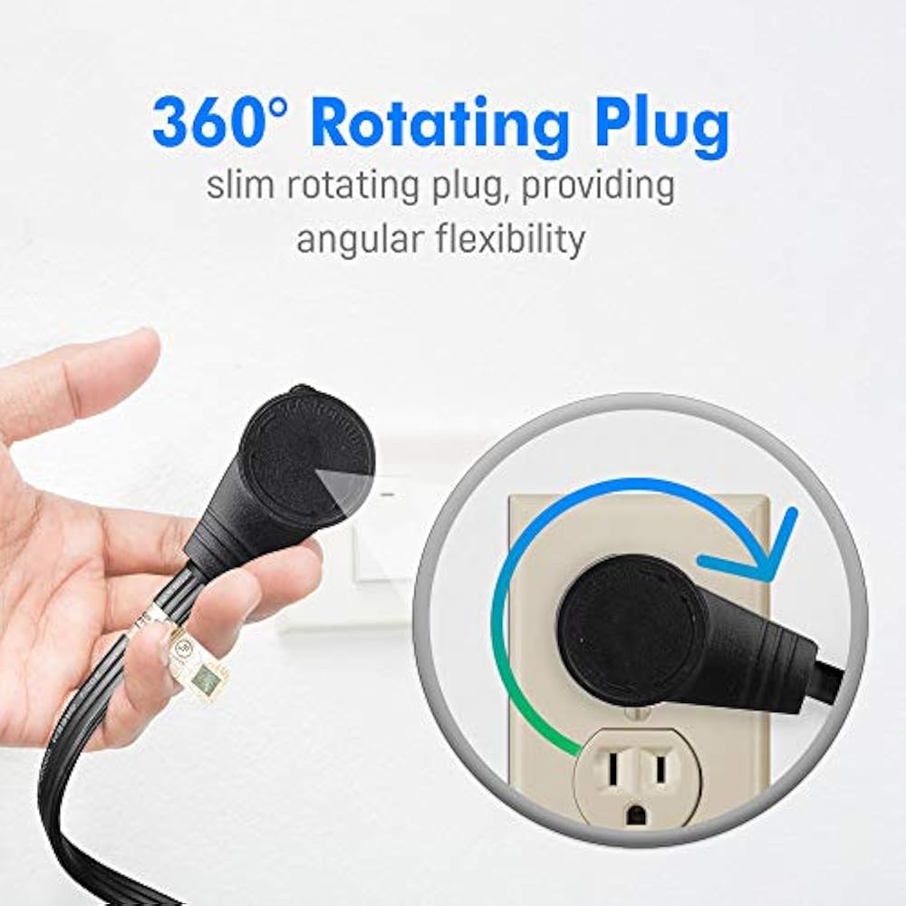 Cable 1 Ft 360° Rotating Flat Plug Extension Cord/Wire, 16 AWG 12 Inch