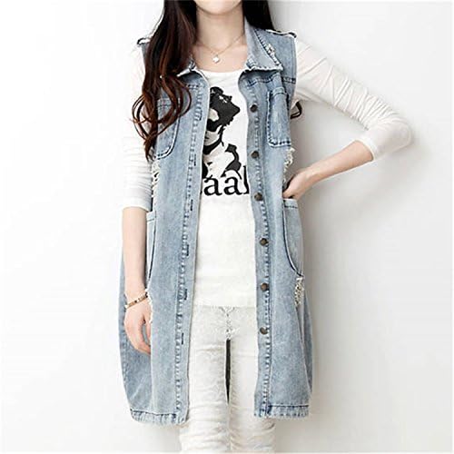 Penin Denim Vests New Women Ripped Plus Size Medium-Long Summer Waistcoat Turn-Down Collar Coat Sleeveless Denim Jacket Denim White Xxxl