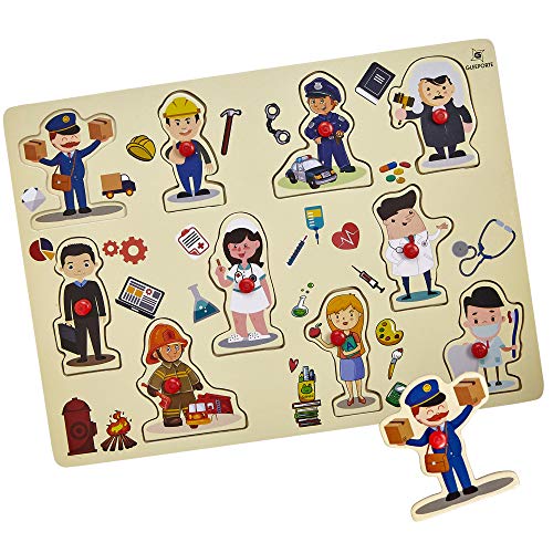 Wooden Peg Puzzle, Profession Theme - Learning Educational Pegged Puzzle for Toddler & Kids (10 pcs) Gleeporte - Thumbnail 2