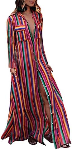 Hunzed Women【Color Strip Dress】 Womens Boho Striped Maxi Dress Long Sleeve Long Dresses with Pockets